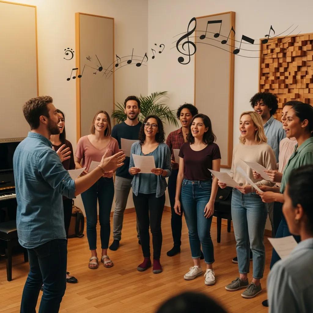 Modern music classroom at Scholeía Inc Music School with instruments and students learning